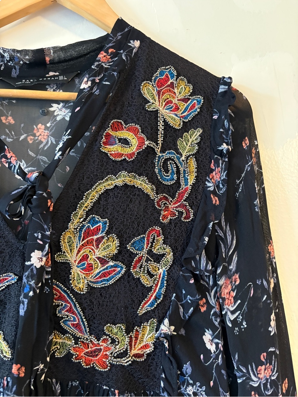 Zara Black Floral Long Sleeve Maxi Dress -Size Large Boho Romantic Dark Floral - Picture 5 of 10